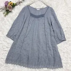 Tny Pok【M】コットン100　七分袖　チュニック　レース　透け感　グレー系