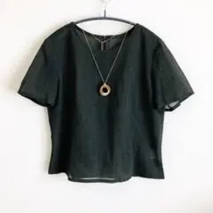 ウール（羊毛）100% 半袖ブラウス　日本製 トップス　ダークグリーン【S】