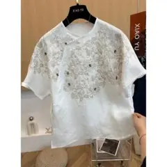 刺繍 ラウンドネック ブラウス トップス レディース おしゃれ 気質満点
