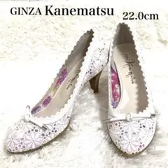 〖美品〗銀座かねまつ パンプス レース 花柄 白系 リボン ウッドヒール