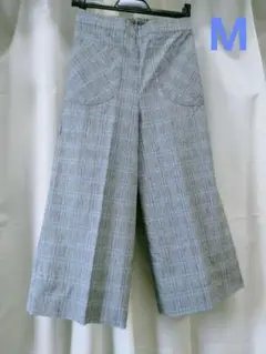 ワイドパンツ　チェック柄　色グレー×ブルー
