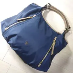 美品 SAZABY サザビー ナイロン 革 トート バッグ ネイビー レザー