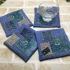 【送料込】刺し子　コースター4枚セット　ハンドメイド　古民家　青35