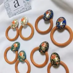 2259☺︎アンティークフラワー柄オーバルピアス×ウッドフープ☺︎