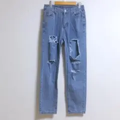 ライトブルー　ダメージ　デニム　パンツ　Sサイズ　■　P026