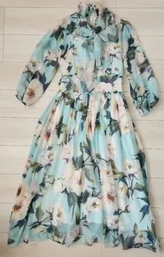 水色 フラワープリント シースルー ワンピース