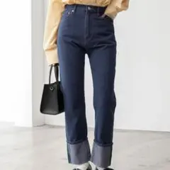 カラーステッチロールアップハイウエストデニムパンツ