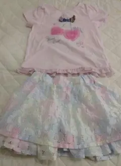 【中古】メゾピアノ　ハートチェリーＴシャツとレインボーキュロット　ゆめかわセット