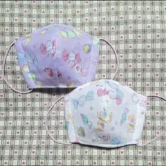 ハンドメイド、キャンティ柄の幼児用立体マスク、紫、白、2個セット