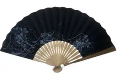 新品未使用　紺色　波模様の扇子 専用ケース付き