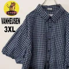 USA古着 VANHEUSEN　半袖ボタンシャツ3XL ネイビーブルー　チェック