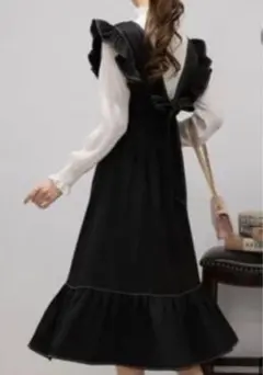 ブラック バックリボン配色ステッチ肩フリルジャンスカ M