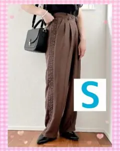 しまむら　ririka　麻調サイドフリル　ワイドパンツ　インフルエンサー　茶　S