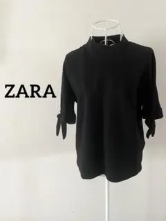 【ZARA】半袖トップス　袖口リボン付き　ブラック　S