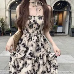 花柄シャーリングキャミワンピース S