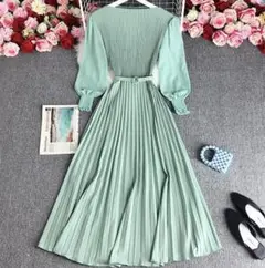 ワンピース パーティ ドレス 長袖 ロングワンピース プリーツ 長袖 №146