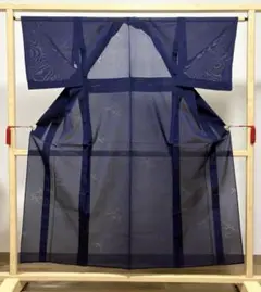 A 夏物 笹の葉模様 鉄紺色 正絹 薄物 絽 紗 小紋 着物