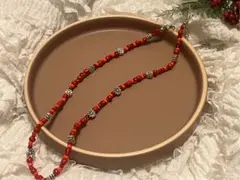 ハンドメイド 赤いビーズ ネックレス（44cm）