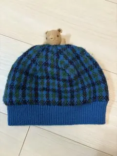 ファミリア familiarクマ付き青緑チェックニット帽