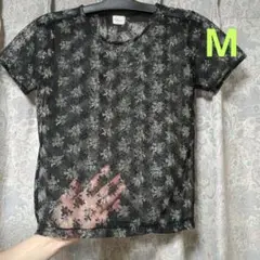 花柄レース 半袖Tシャツ 　トップス　透け感　地色ブラック　M