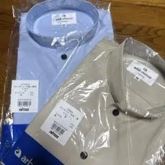 新品未使用スタンドカラー半袖シャツ Mサイズ サックス・ベージュセット
