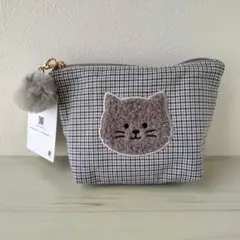 新品 polkapolka 大人チェックアニマル 舟形 ポーチ ねこ ネコ 猫