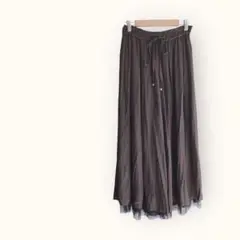 ロングキュロットスカート　焦茶　リバーシブル【M】　ウエスト楽　サラサラ　春夏