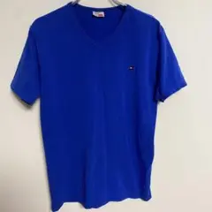 TOMMY HILFIGER 青 Vネック ストレッチ Tシャツ ロゴ付 XL