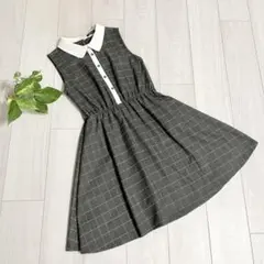 美品✨ 襟付きミニワンピース ウエスト切り替え ダークグレー 上品 チェック柄