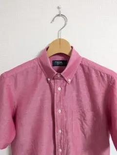 美品　鎌倉シャツ　シャツ　ドレスシャツ　半袖　ピンク　綿麻　ボタンダウン　日本製