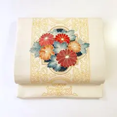 2m1384 名古屋帯 絹 金駒刺繍 ベージュ 赤 青 黄色 花柄 和装 着物