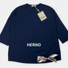 未使用 HERNO 22SS BUBBLE スカーフ 7分袖 Tシャツ 40 紺