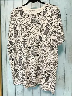 【美品】猫 魚 白Tシャツ にゃんこ 手書き風イラスト 体型カバー　ワンピT