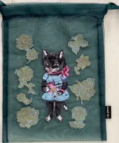 新品　ナタリーレテ 巾着ポーチ Block cat 黒猫 グリーン