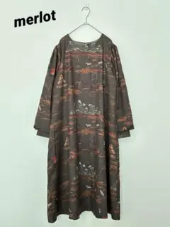 merlot メルロー 風景柄ブラウン長袖ワンピース