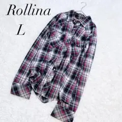 ロリーナ/ワイシャツ/長袖/チェック柄/Ｌ/紫/総柄/コットン/美品✨️