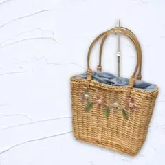 【ハンドバッグ】レディース 籠バッグ 花 布付き