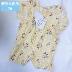 ⭐️新品⭐️ チェック　黄色　さくらんぼ　チェリー　ロンパース 70 綿100
