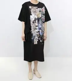 イズスカラー　is 552259：天体×花コラージュ柄 フリル袖ワンピース