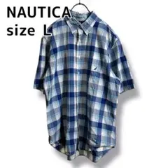 NAUTICA チェック ブルー シャツ 半袖　アメカジ　L ボタンダウン