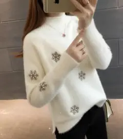 〔新品〕ニット スノーフレーク ハイネック リブ袖 韓国 もこもこ ふわふわ M