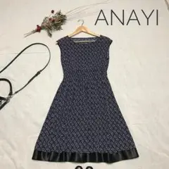 美品 ANAYI 薄手フレンチスリーブワンピース 模様 M ネイビー ブラック