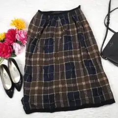 Y3898*最高級☆センソユニコ☆チェック柄☆ロングスカート☆茶ブラウン 40