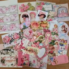 ピンク　三連ポケットセット　コラージュ素材　ダイカット　ヴィクトリアン