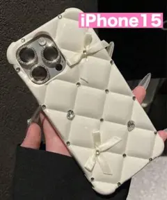 iPhone15 ケース　キルティング　リボン　キラキラ　ストーン　ホワイト　白