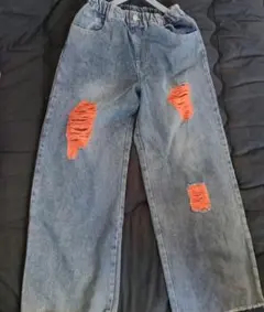 即購入大歓迎★新品　オレンジ　ワイドレッグデニムパンツ　サイズL ダメージデニム