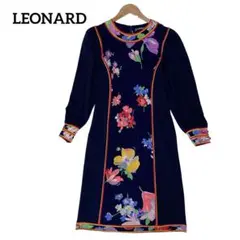 美品 レオナール パワーショルダー シルク ワンピース 花柄 ネイビー 9AR