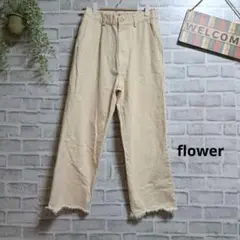 Flower ワイドテーパードパンツ フリンジ カジュアル ウエストゴム 綿 S