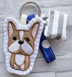 ハンドメイド　刺繍　ボストンテリア　ストラップ　ミニバッグキーホルダー付き　犬