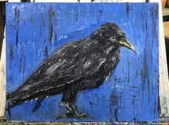 カラスの油絵 青い背景